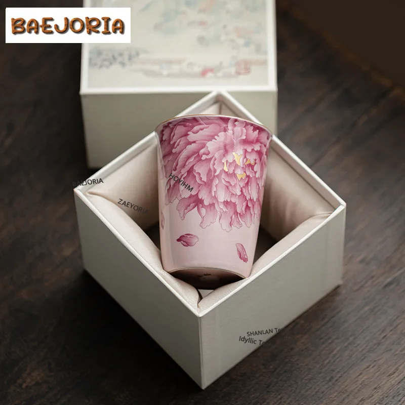 BAEJORIA 250ML Antique Ru Kiln Porcelain Cola Cup Exquisite Peony Flower Master Cup Large Capacity Coffee Mug Beverage Water Jug