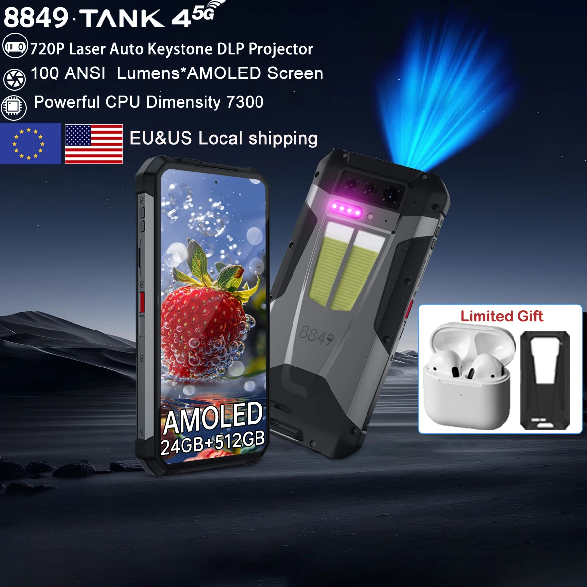 8849 Tank 4 Unihertz 5G Rugged Smartphone Projector 720P 100 Lumen 6.78'' AMOLED 512G Android14 11600mAh Dimensity 7300 120Hz