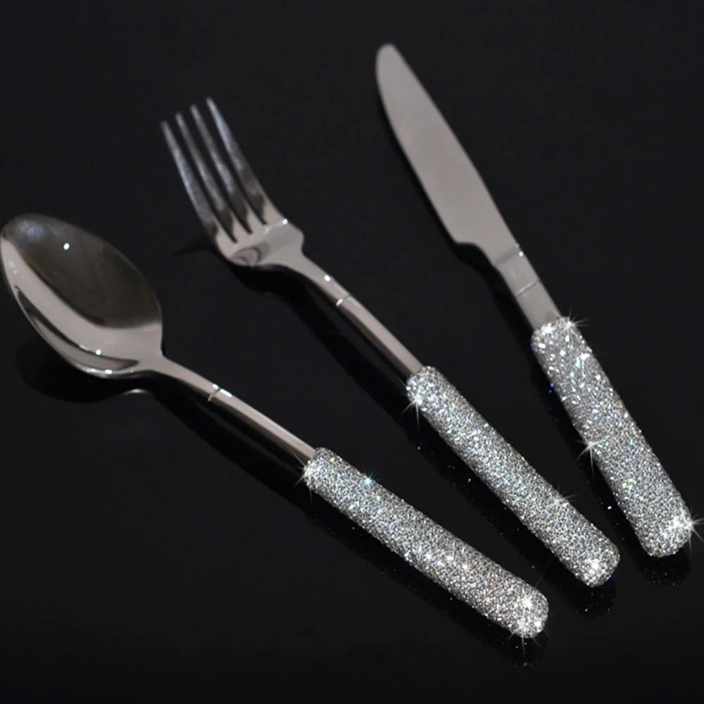 Stainless Steel Western Tableware Set, Classic Dinner Set, Knife, Fork, Manual Mosaic Rhinestones, Dinnerware, 3 Pieces