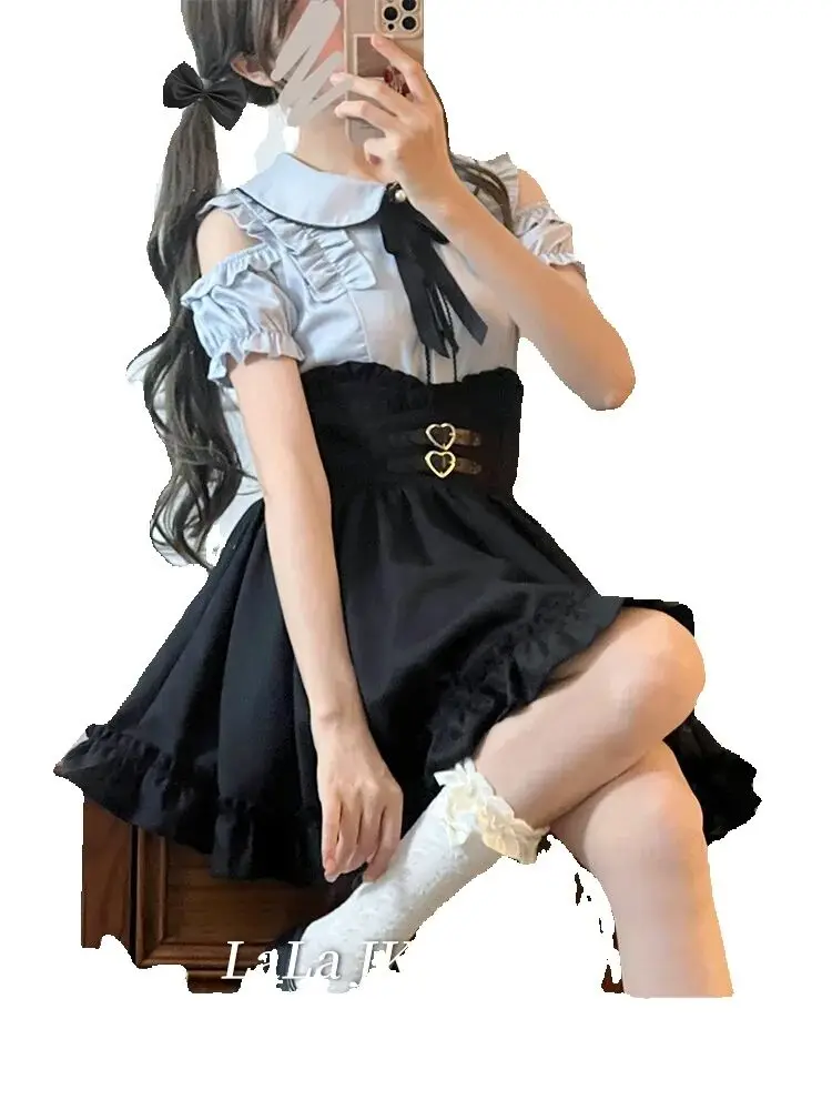 

Mine Suit Off-the-shoulder Water-color Shirt Black Pleated Skirt Skinny Waist Sweet Skirt Women's Skirts Lolita Suit Skirt Sets