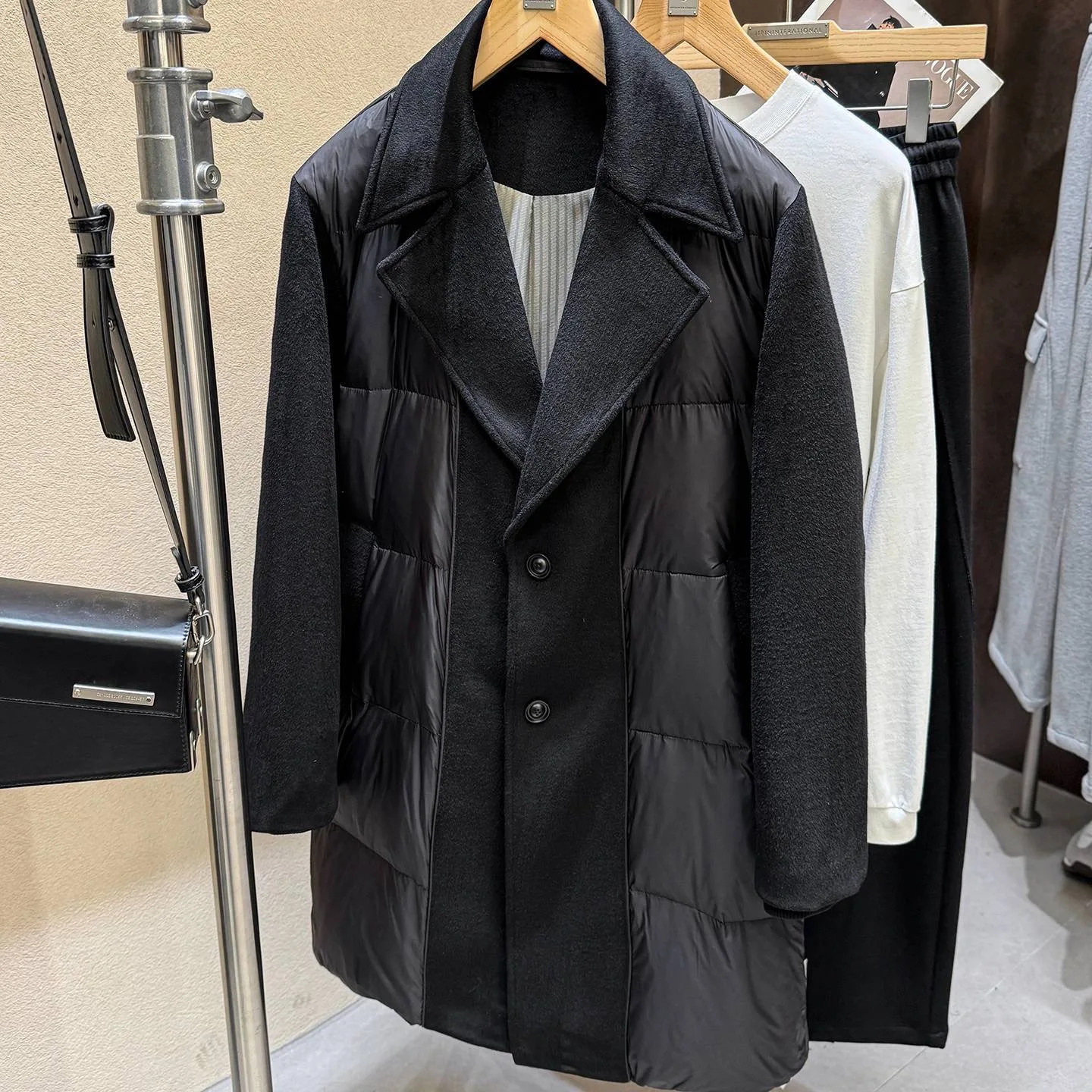 Men Wool Blend Spliced 90% Duck Down Coat Notched Lapel Mid-Length Single Breasted Oversized Warm Winter Down Jacket