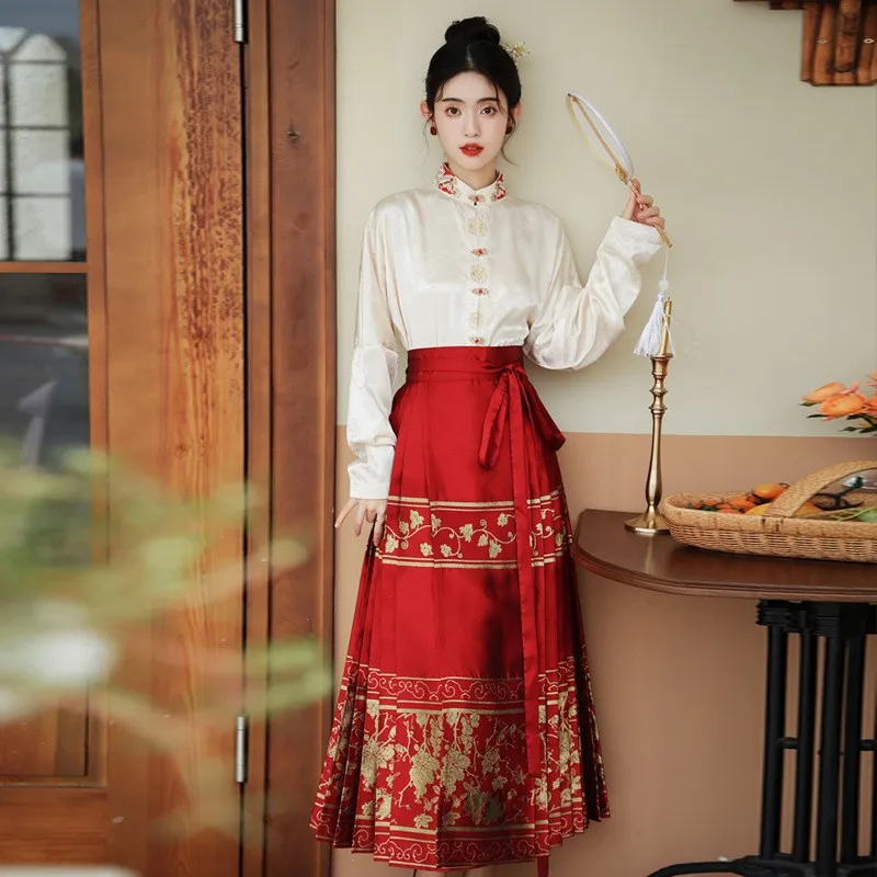 Красный комплект юбки Ming Dynas Sle с золотой вышивкой и хвостом, женский улучшенный традиционный китайский ханьфу для поездок на работу и...