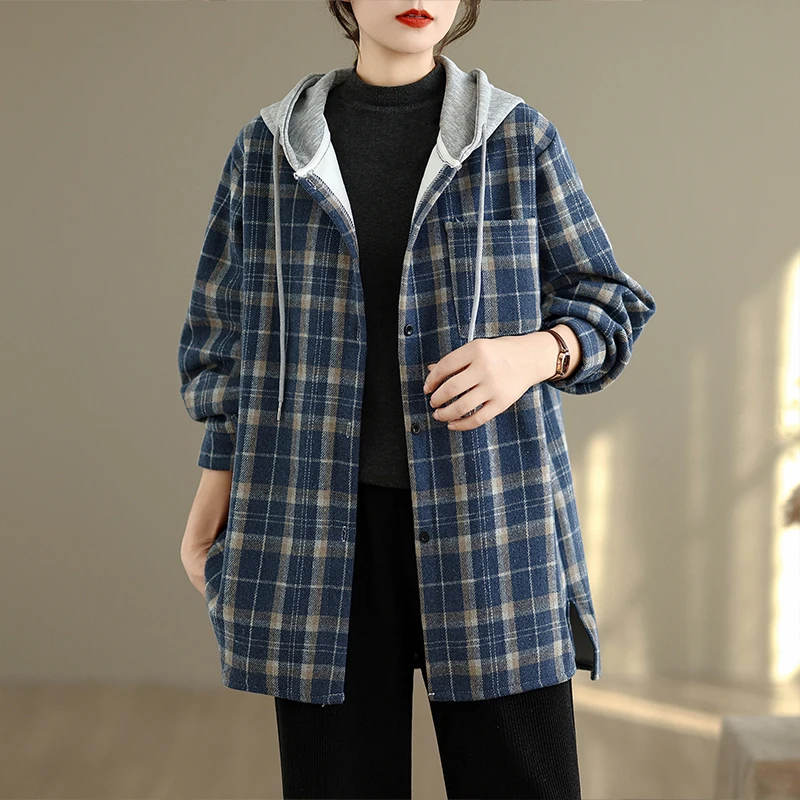 

Женская повседневная куртка-рубашка оверсайз с капюшоном, на флисовой подкладке, в клетку, теплая зимняя модная верхняя одежда из смесового хлопка с длинными рукавами
