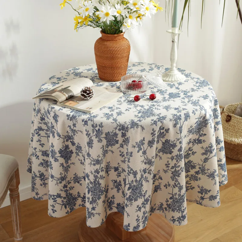 Retro Quality Dining Tablecloth Round Cotton Linen Blue Print Table Cloth Tassels Home Kitchen Banquet Table Cover 1pc