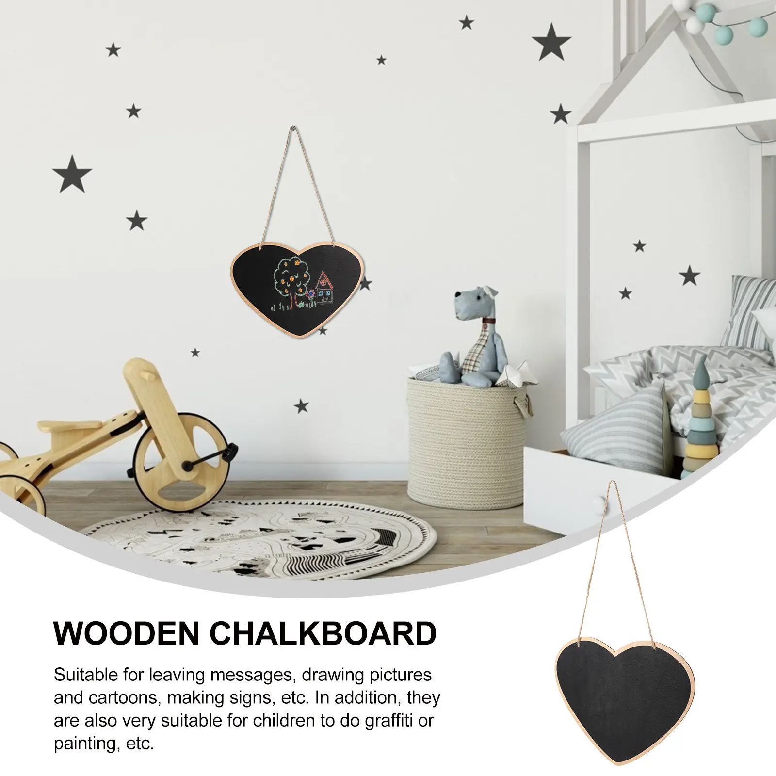 Wooden Hanging Blackboard Message Board for Home Office School Reusable Double Sided Small Chalkboard Tags Hanging Wooden