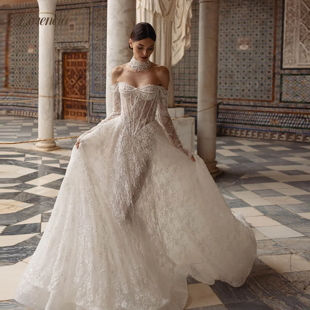 Lorencia Luxury Off Shoulder Long Sleeves Lace Wedding Dresses Pearls Choker Boned Corset Basque A-Line Bridal Gowns Customized