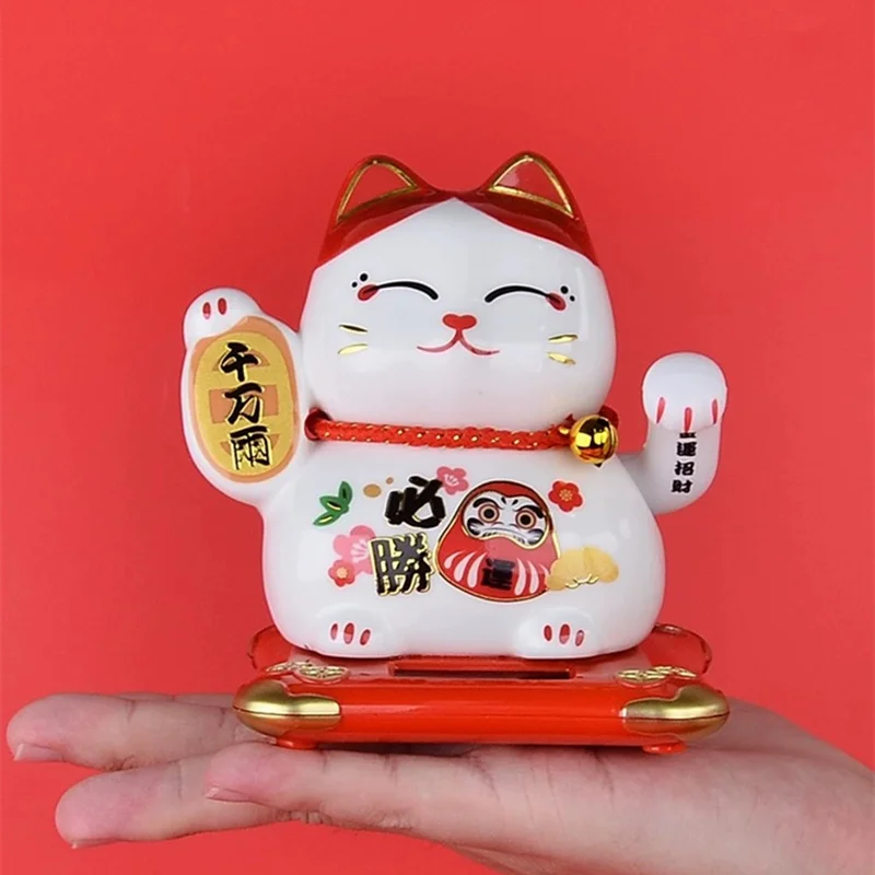 5 Kinds Ceramic Lucky Cat Ornaments for Home Room Car Decoration Solar/Battery Fortune Cat Mascot Figurines Interior Decor Gifts