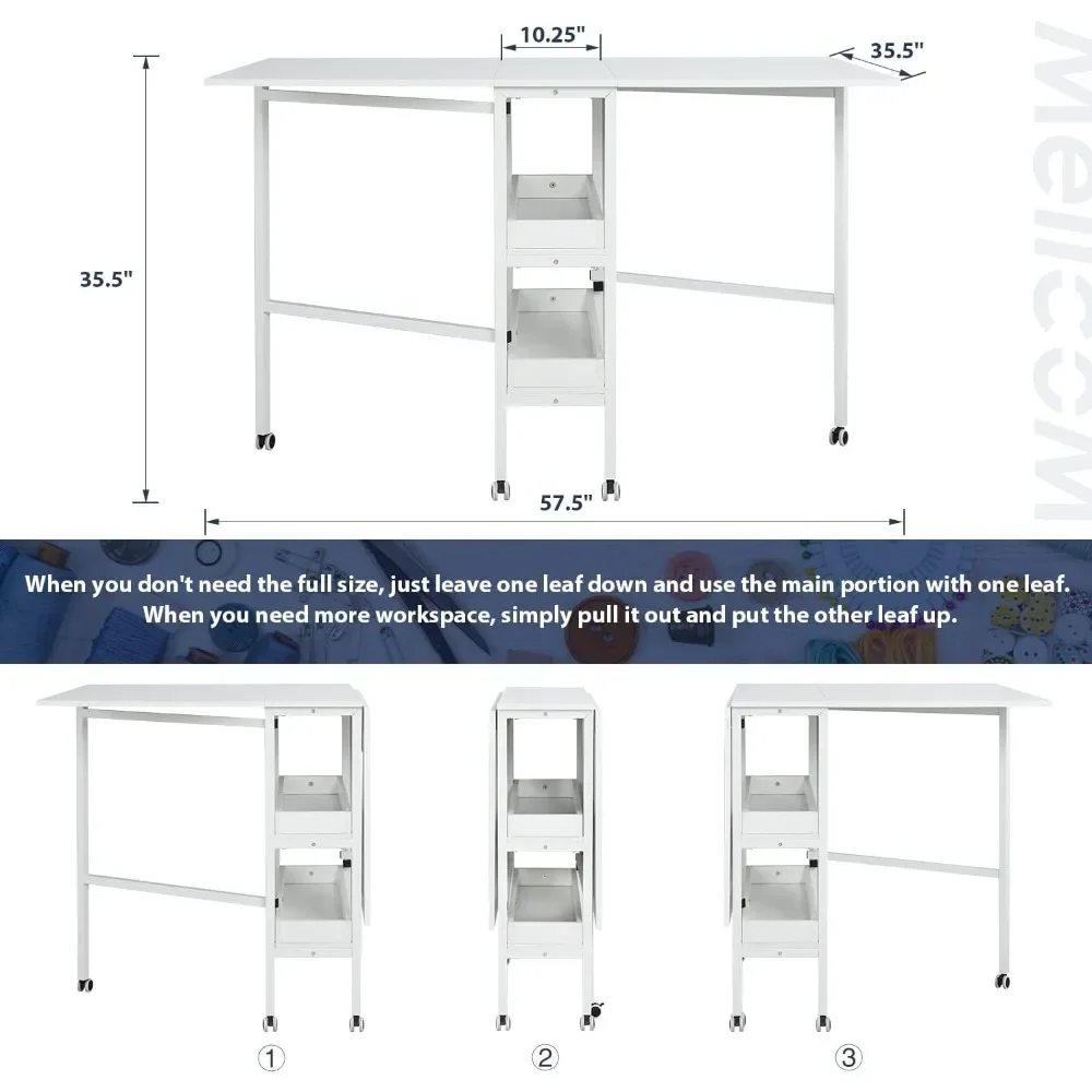 Mobile Folding Cutting Table for Large Fabric, Foldable Table for Home Office Sewing Room Craft Room, Fixed Height 35.5in