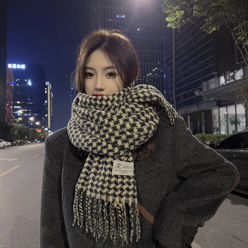 2026 Faux Cashmere Checkered Houndstooth Scarf Women Winter Warm Thick Tassel Korean Style Gift Elegant Fashion Daily Soft Chic