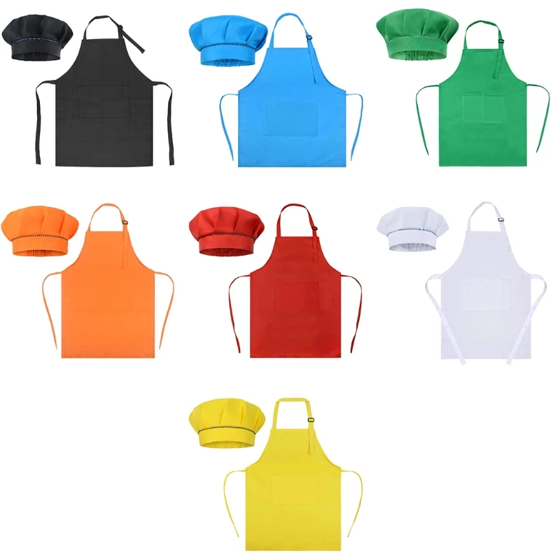 Kids Boys Girls Solid Color Chef Outfits Chef Mushroom Hat Apron Bib Set Children Baker Uniform Costume Accessories