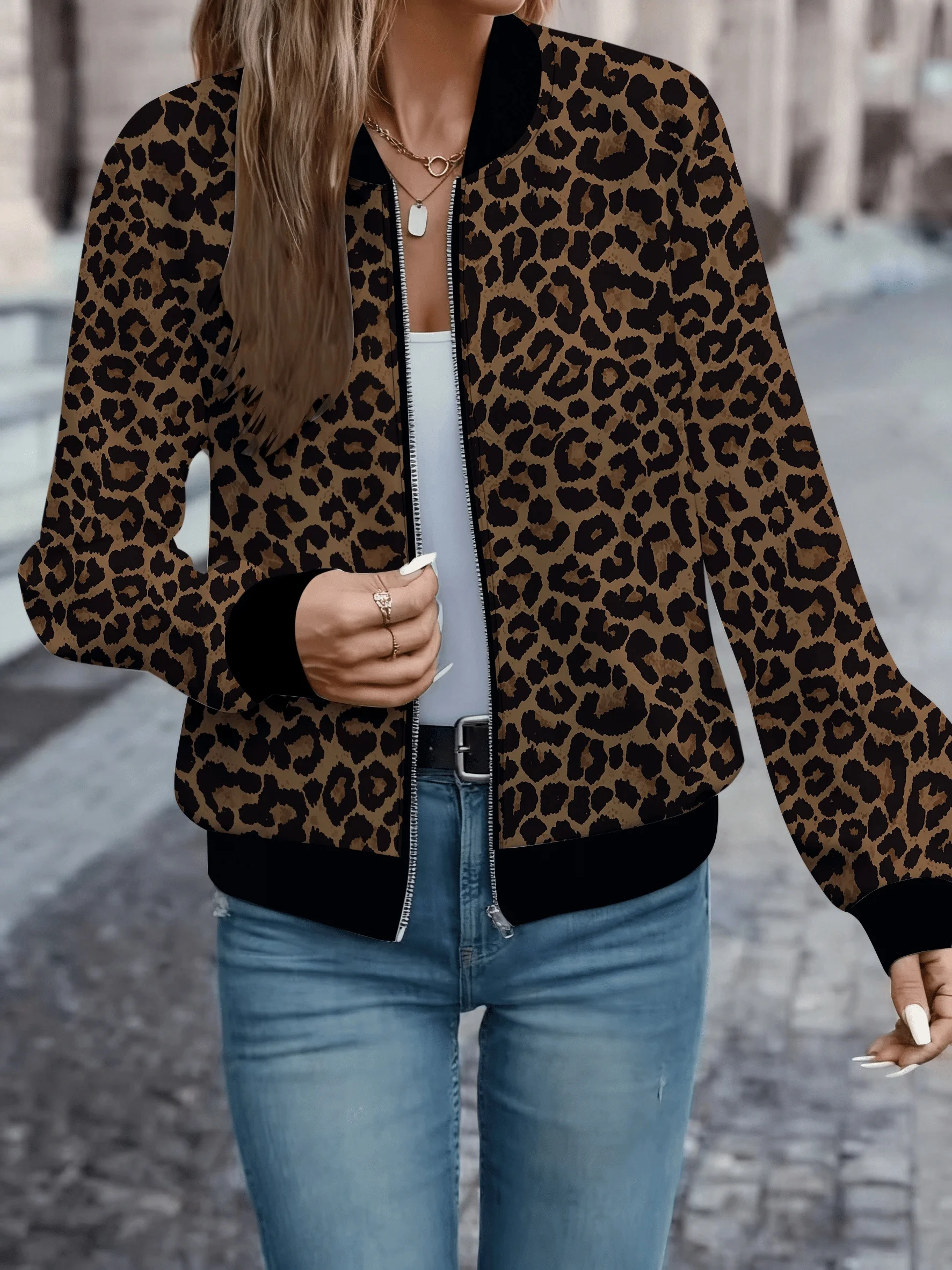 Frühlings- und Herbst-Baseballjacke für Damen mit Leopardenmuster und Reißverschluss-Langarmoberteil – Detail 3