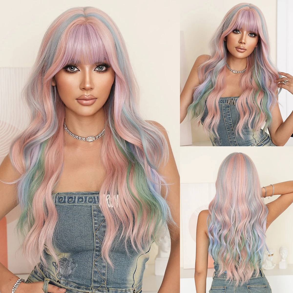 

7JHH WIGS Long Water Wave Pink Highlight Blue Wig for Women Synthetic Modest Fashion Wear and Go Colourful Wigs with Neat Bangs