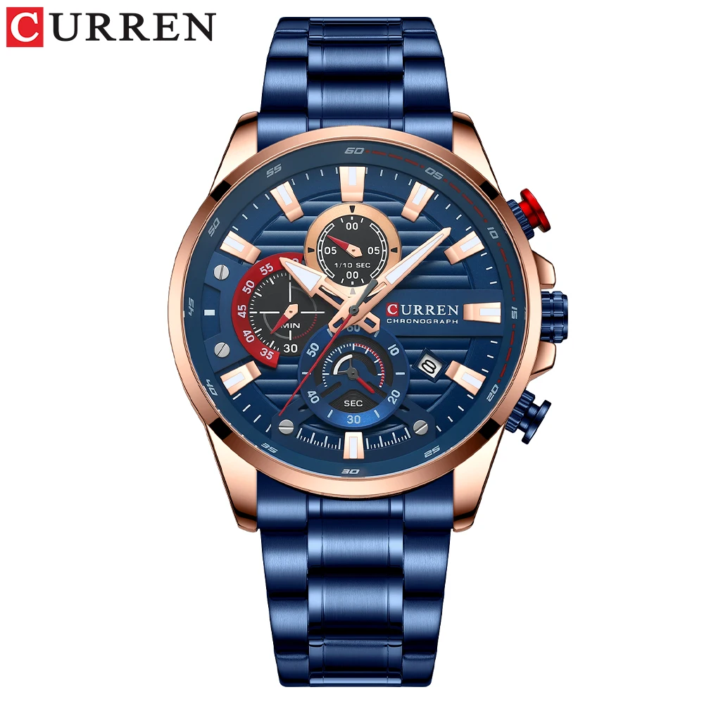 Curren neue blaue Multifunktions-Quarzuhren mit Edelstahl armbanduhren für Männer mit leuchtenden Zeigern 3
