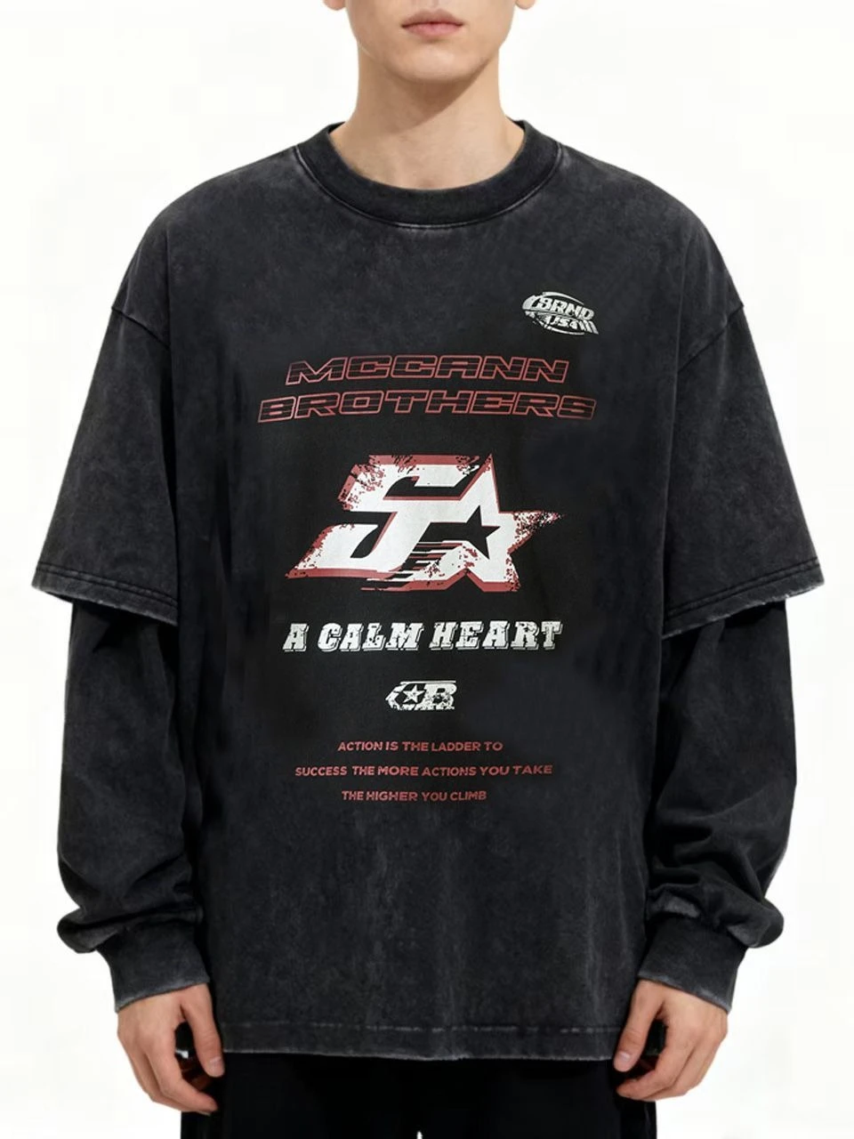 Graphic Vintage Washed Cotton Fake Two-Piece T-Shirt Black Layered Long Sleeve Top Oversized Streetwear Tee Y2K Unisex Casual