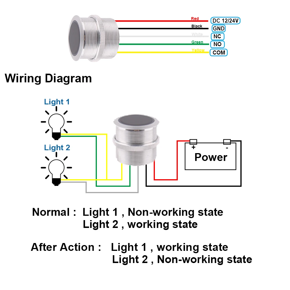 1pc 28mm Waterproof Metal No Touch Aluminum housing IP65 Switches Blue Green LED For Door Or Bell On-Off With Wires 12-24V DC