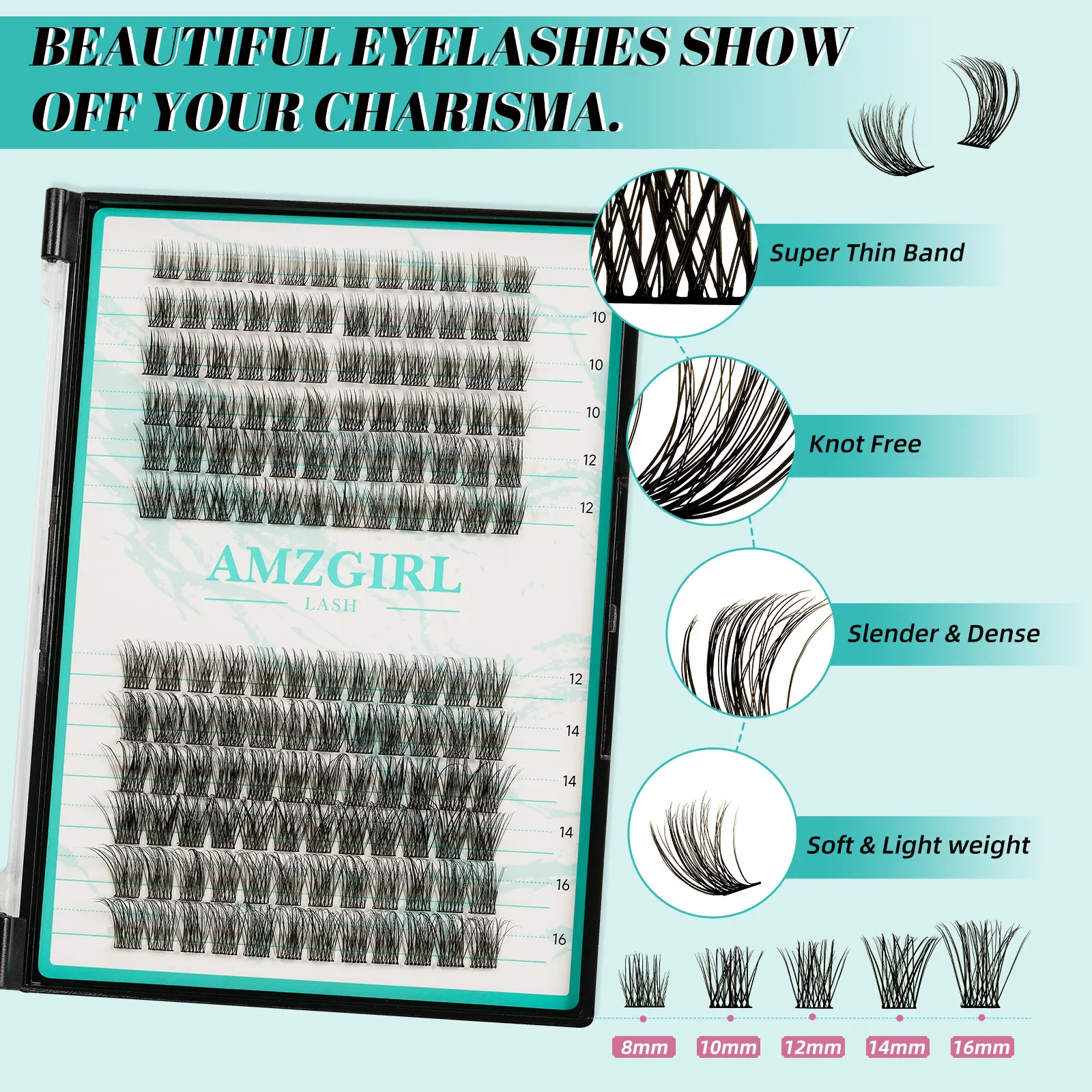 AMZGIRL LASH DIY Eyelashes Kit 144pcs Cluster Lashes D Curl 8-16mix Waterproof Bond and Seal Lash Glue Remover Lash Extension