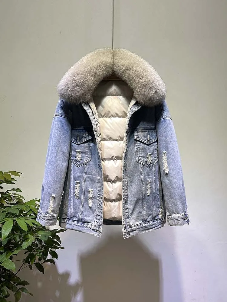 Nouvelles femmes hiver chaud doudoune véritable col de fourrure de renard détachable Denim vers le bas manteau imprimé Patch conceptions coupe-vent vestes bouffantes