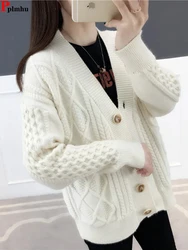 Winter Fall Mid Length Sweater Cardigan Loose Casual Soft Knitwears Coats Solid Color Woman Malhas Outwears New Long Sleeve Tops