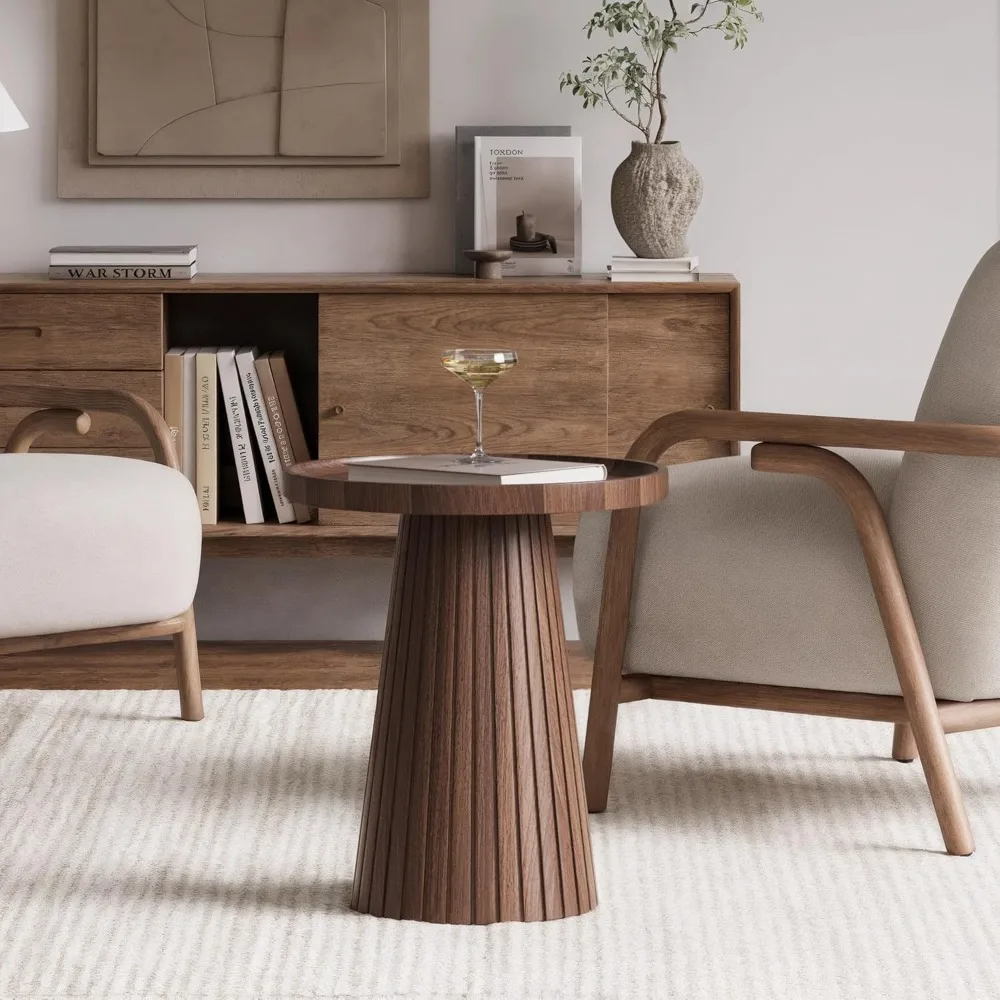 Nesting Coffee Table Set of 2, Mid Century Modern Coffee Table with Wood Grain Veneer, Fluted Round Tea Table and, Customized