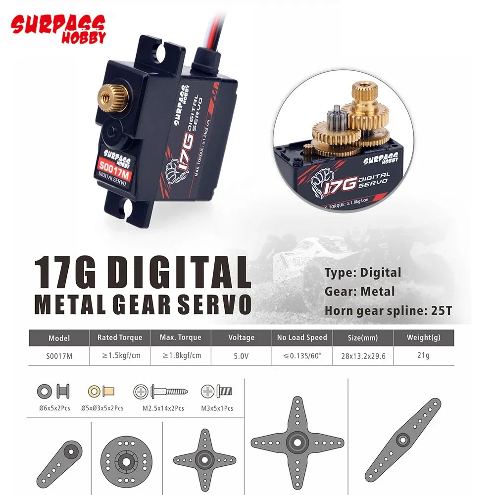 SURPASS Hobby S0017M 17g Metal Gear 1.8KG Digital Servo for RC Airplane Robot 1/18 1/16 Truck Car Boat Duct Plane