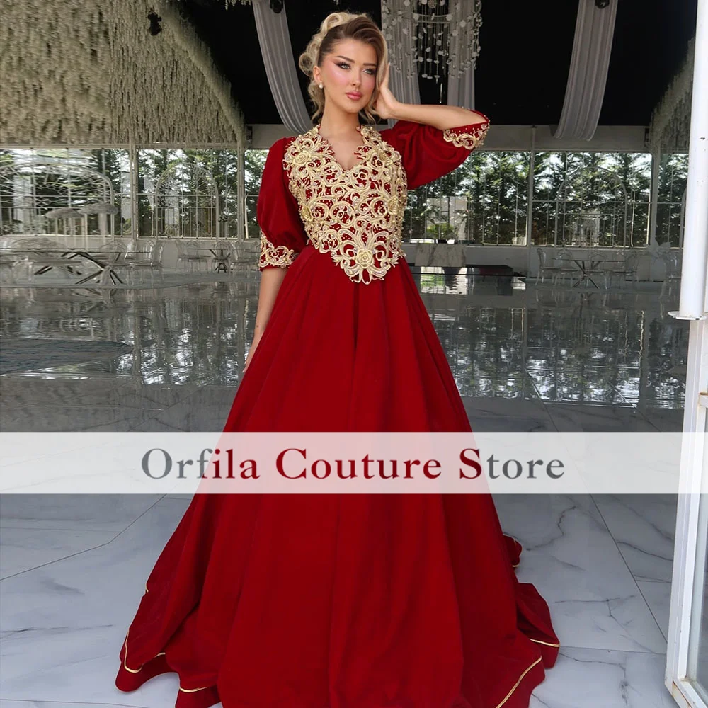 Kosovo Albanian Caftan Evening Dress Red Velvet Robe De Soirée Prom Dress Customized Vestidos De Novia
