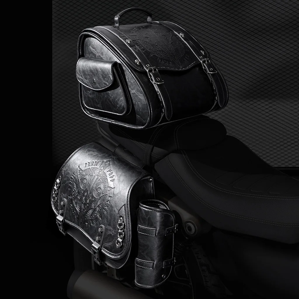 Universal Retro Motorcycle Rear Seat Bag Skull Monster Pattern Knight Tail Storage Bag Waterproof Storage Tool Simulates fox fur
