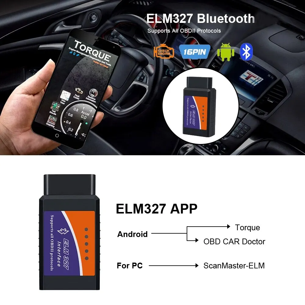 1PC Diagnostic Instrument Android Windows ELM327 OBD2 V2.1 Bluetooth Car Detector Diagnostic Instrument Auto Fault Scanner Tool