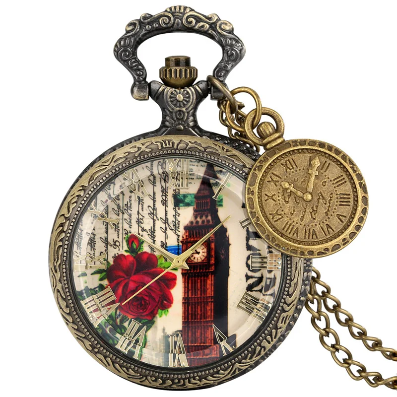 

Vintage London Big Ben Rose Flower Quartz Pocket Watch with Mini Charm Necklace Chain for Men Women Collectable Timepiece