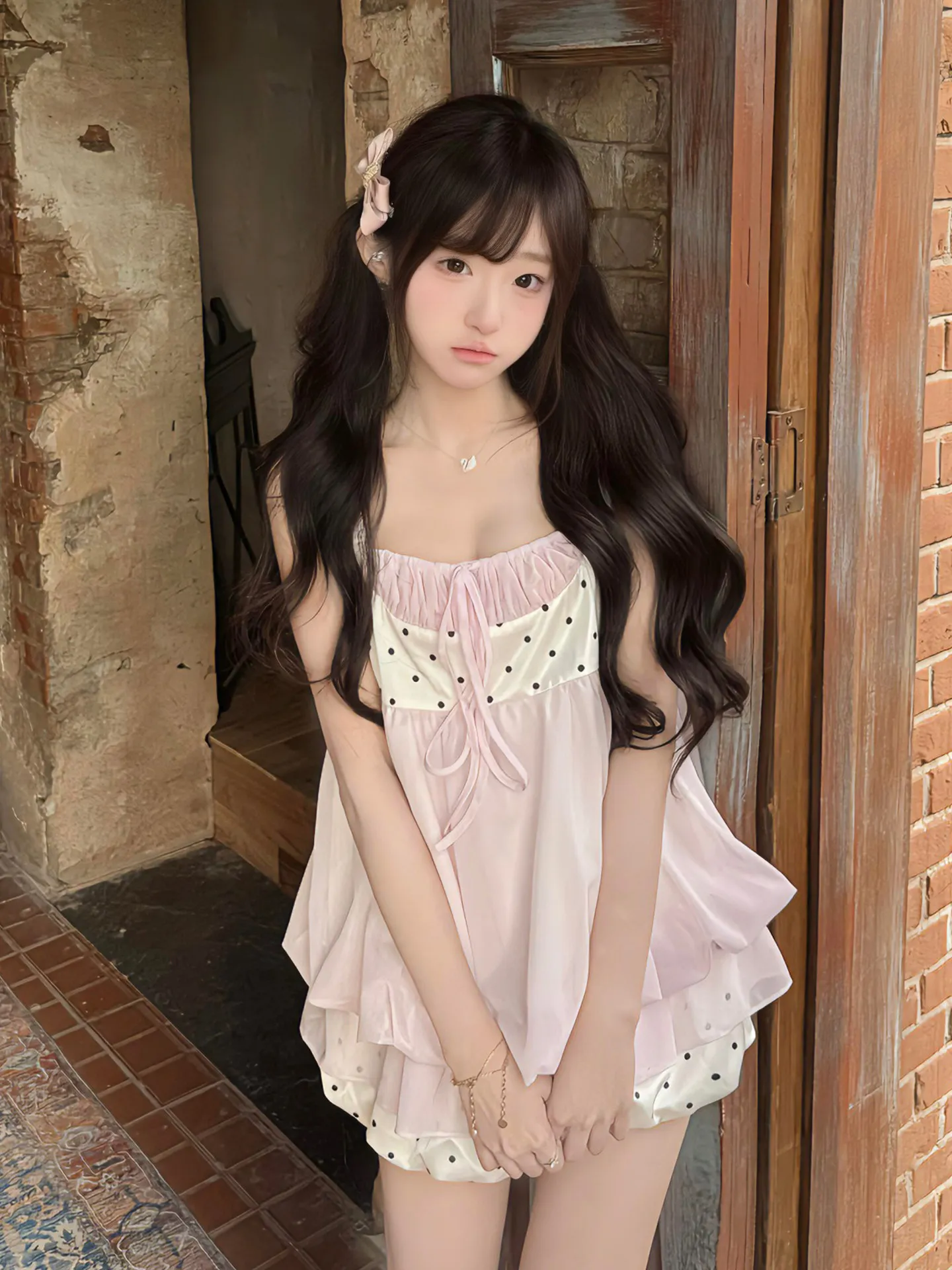 

Sweet Girl's Pink Floral Bunch Strap Top Polka Dot Puffy Skirt Pants Two-Piece Set Fashionable Casual Summer Outfit