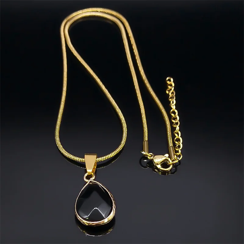 Wassertropfen Schwarz Natürlicher Obsidian Stein Anhänger Halskette für Frauen Vintage Edelstahl Schlangenkette Choker Halsketten Schmuck – Detail 5