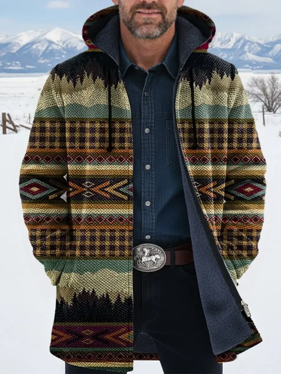 Vintage Aztec Art 3D Printed Plush Thick Long-Sleeved Cardigan Coat Men's Thick Warm Jacket