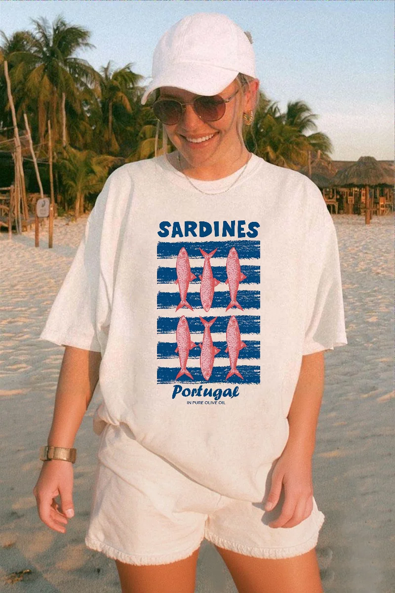 

Women's Basic Short Sleeved Printed Sardines Cartoon T-Shirt Top O-Neck Summer Women's Fashionable Printed Casual Style T-Shirt