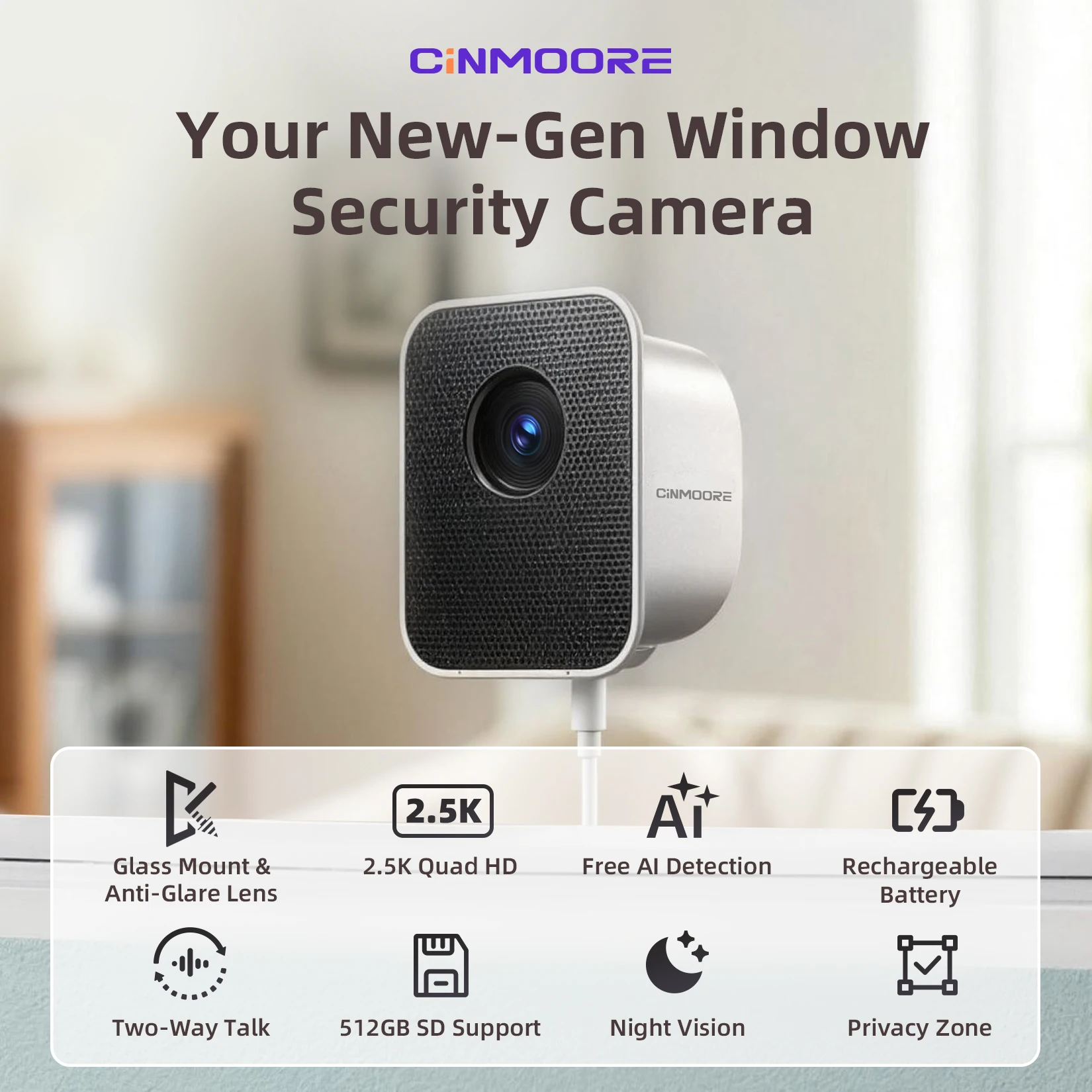 CINMOORE 2.5K Window Security Camera Anti-Glare No Drill Free AI Detection 5000mAh Wired Battery Indoor Outdoor Face Recognition 24/7 Recording