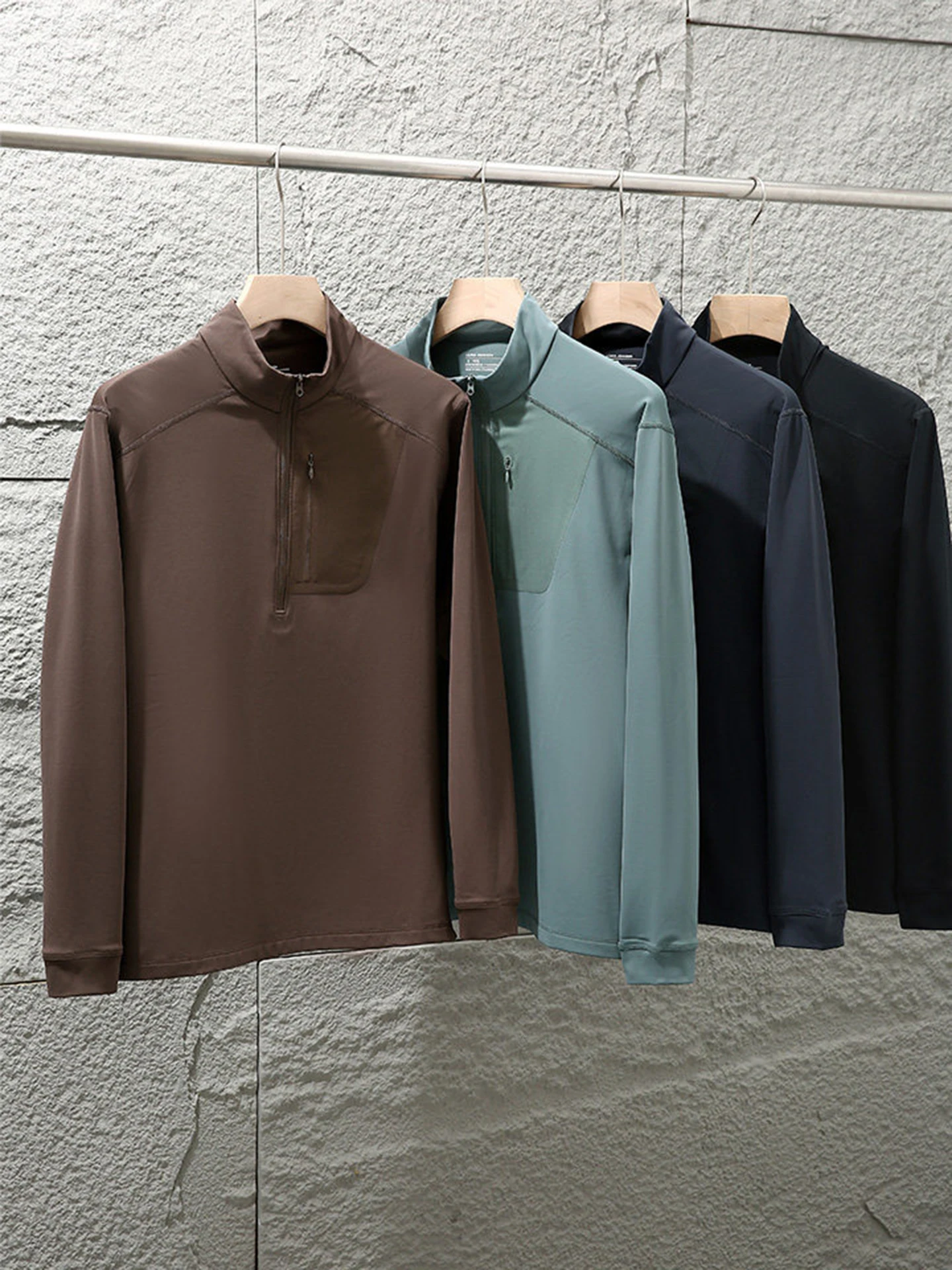 

Men's Outdoor Sports Thermal Fleece Zipper Pocket Base Shirt Stand Collar Long Sleeve Casual Style Breathable Warm Top
