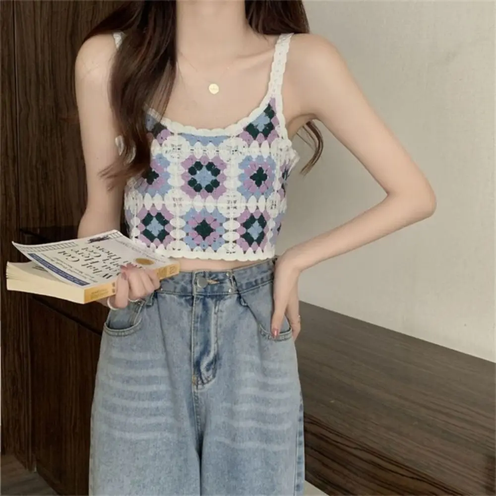 

Breathable Sweet Slim Floral Print Hot Tops Sleeveless Crochet Crop Tops Female Camisole Embroidery Vest Cotton Cardigan