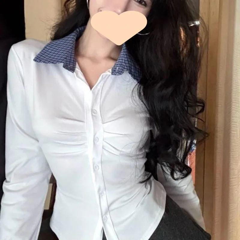 Pure Desire Stijl Patroon Patch Gerimpelde Lange Mouw Tweedelige Tops Voor Vrouwen 2023 Lente Nieuwe Koreaanse Academy Stijl shirt