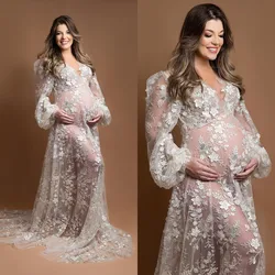 Luxury Hand Made Maternity Photoshoot Dress Long Sleeves Floral Beading Prom Dresses See Thru Women Baby Shower Gown