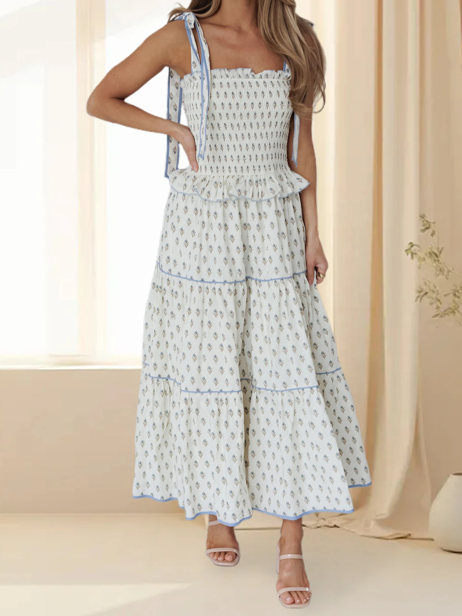 Abito lungo senza maniche con stampa floreale con spalline allacciate e scollo a V Abito casual da donna alla moda estiva