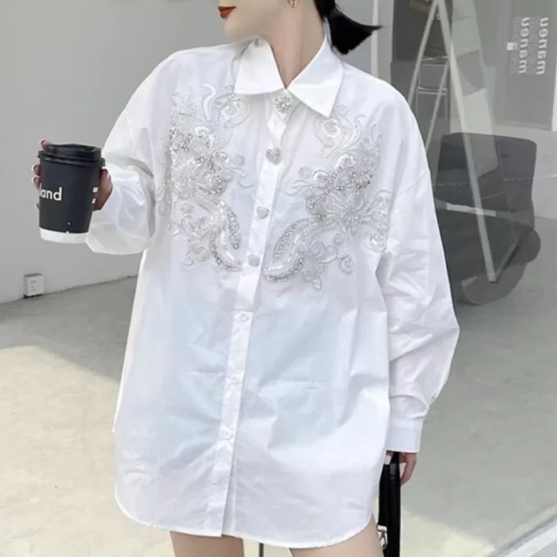 Exquisite Button Blusa Beads Diamonds Shirts Blouses 2024 Autumn New Woman Blusas Loose Casual Ropa Mujer Long Sleeve Camisas