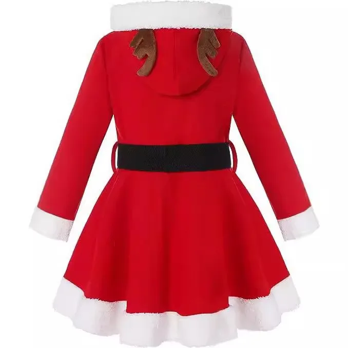 New Year Outfit Christmas Holiday Girls Christmas Elk Hooded Costume Red Santa Claus Long Sleeve Princess Dress With Belt Doll