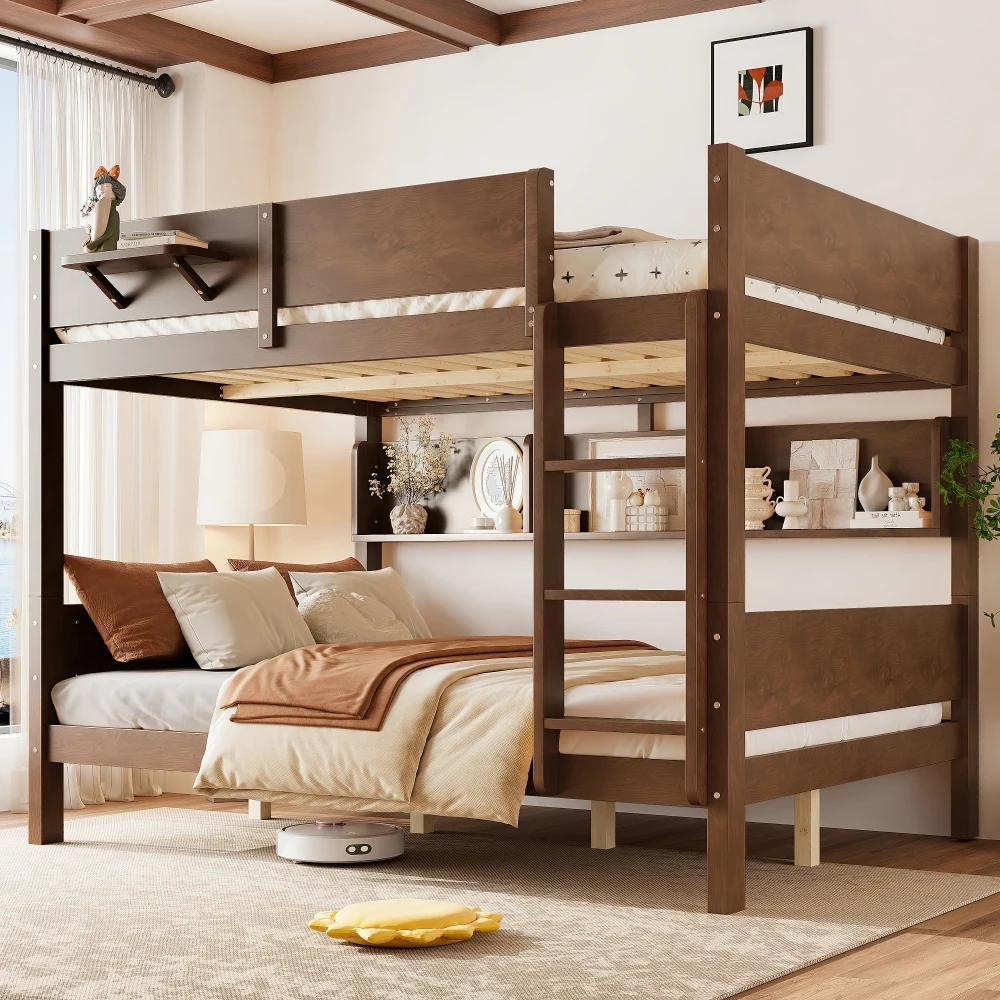 

Queen over Queen Bunk Bed with Convenient Tray, Solid Wood Bunk Bed with Storage Shelves and Upgraded Slats,Vintage Brown