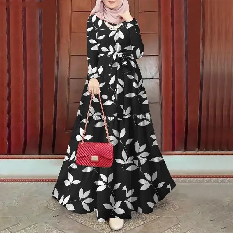 Muslim Fashion Abayas for Women Floral Printed Long Sleeve A-Line Loose Maxi Dress Elegant Evening Dress Dubai Kaftan Robe Femme