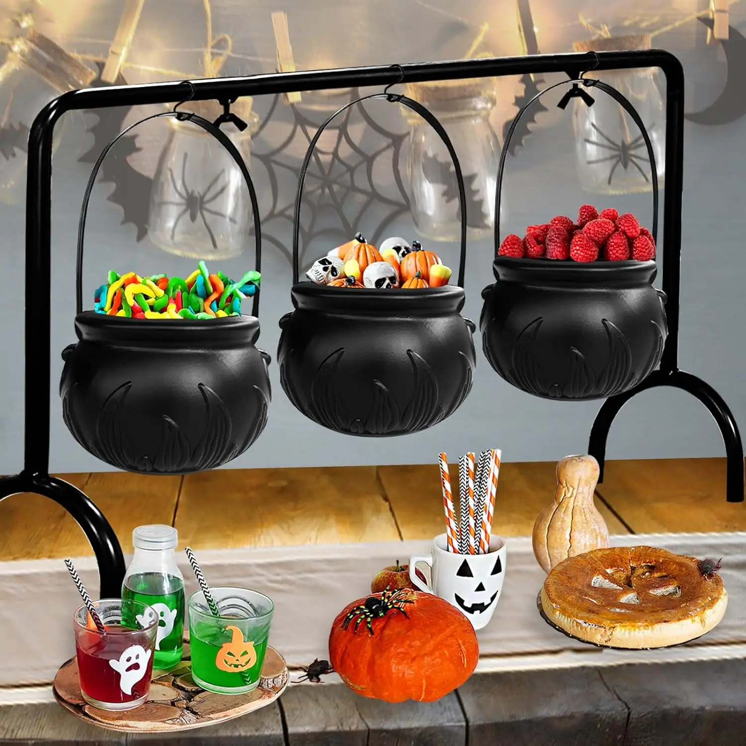 

Cubo de dulces de Halloween con asa y soporte, cubo para dulces para truco o trato, caldero, cuenco para dulces para decoración