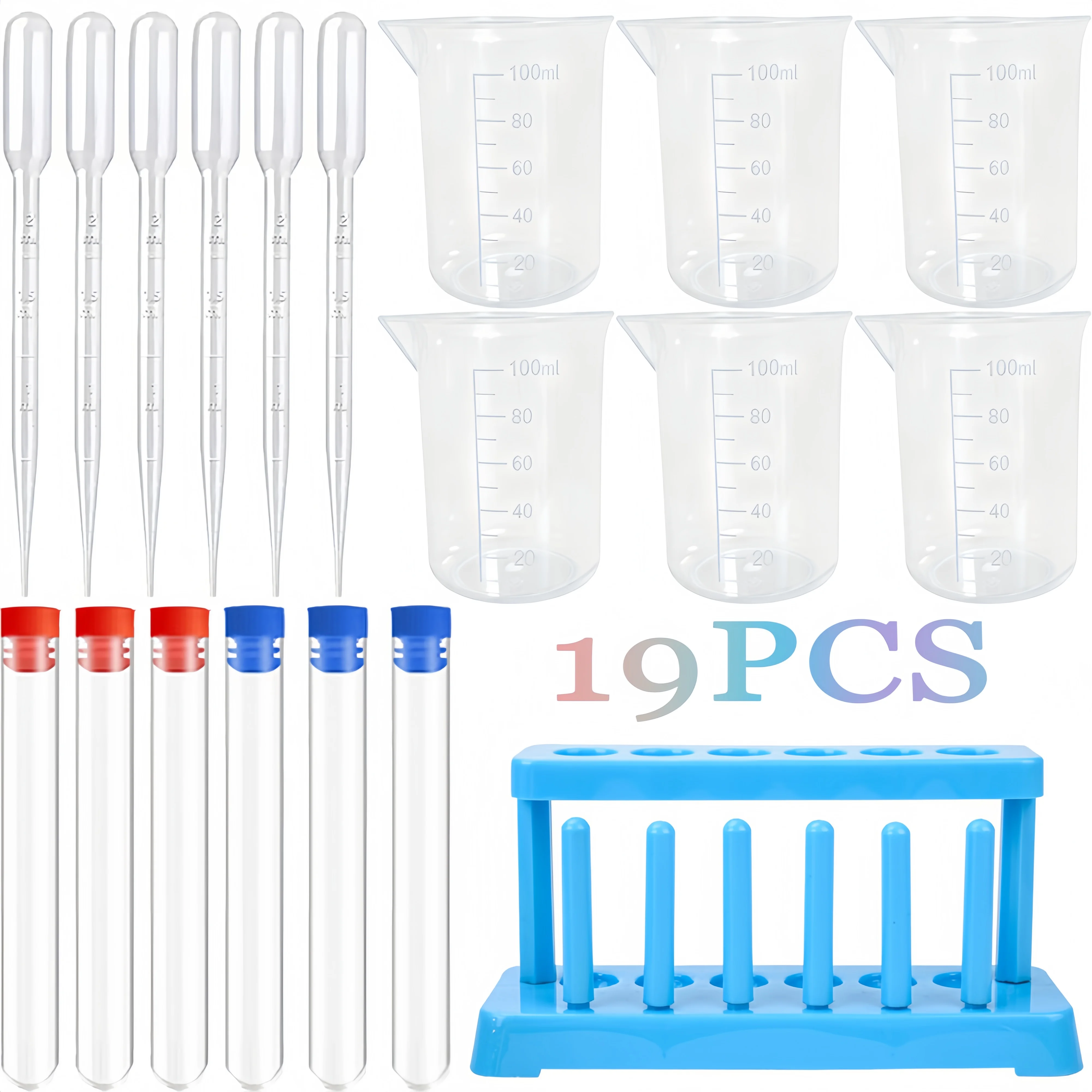 Laboratory Test Tube Rack Set, 1 Test Tube Rack, 6 Test Tubes, 6 Plastic Measuring Cups, 6 Droppers Convenient to Use, Washable and Reusable, Multifunctional. Suitable for Laboratory Industrial Research, Classroom Experiments, Etc.