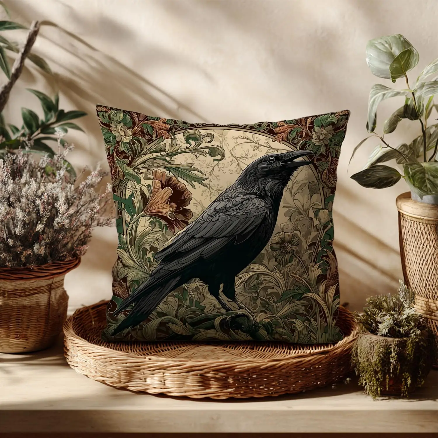 William Morris Abstract Art Floral Crow Design Throw Pillow Cover Home Decor, Vintage Black Crow Lovers Pillowcase Cover