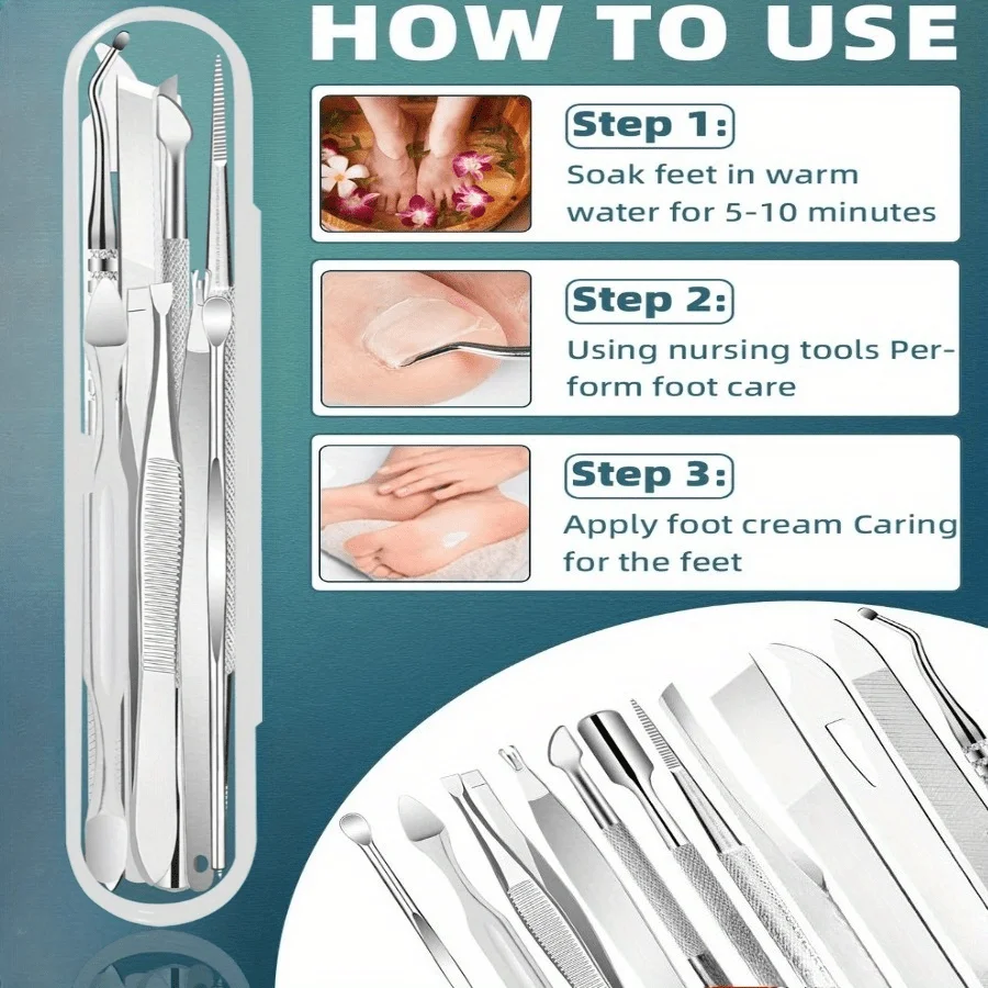 10pcs Professional Pedicure and Manicure Tool Set - Stainless Steel Foot, Hand, and Nail Care Kit for Ingrown Nails and Removal