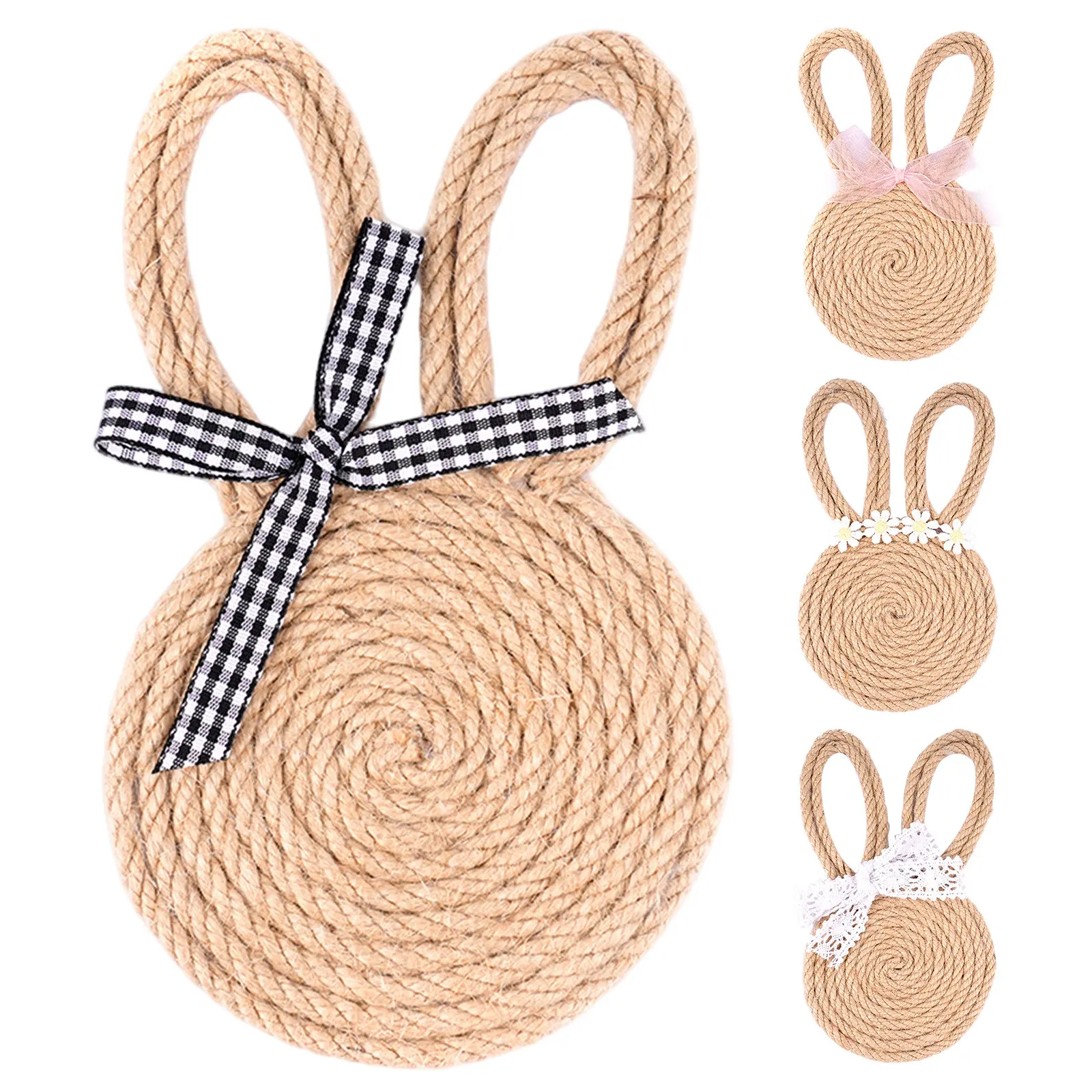 

4pcs Easter Bunny Coaster Tabletop Decoration Coffee Tea Cup Pads Hemp Rope non-woven Fabric Cup Mat Bunny Ear Cup Mat
