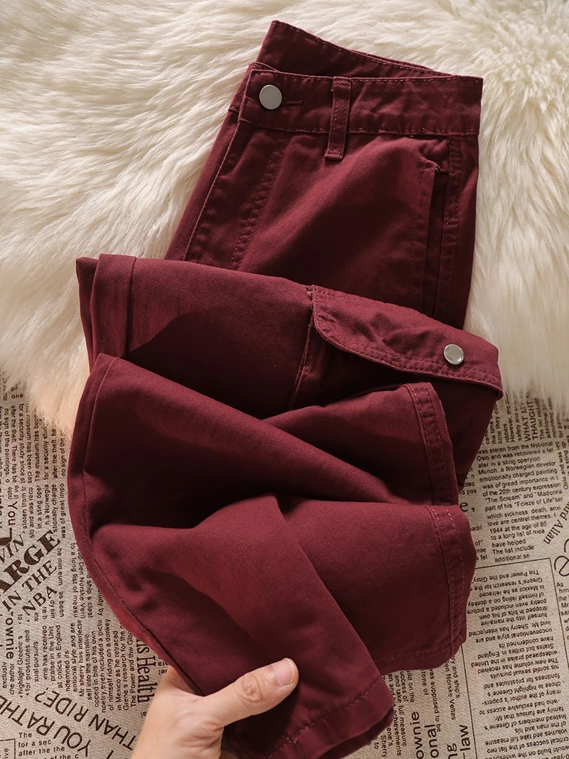 

Wine Red Denim Cargo Pants Women High Waist Pocket Loose All-matched Wide Leg Long Pants American Style Vintage Jeans