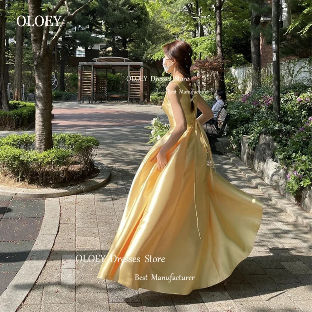 

OLOEY Korea Lady Yellow Satin A Line Long Wedding Photo Shoot Evening Dresses Scoop Neck Lace Up Back Prom Gowns Formal Party