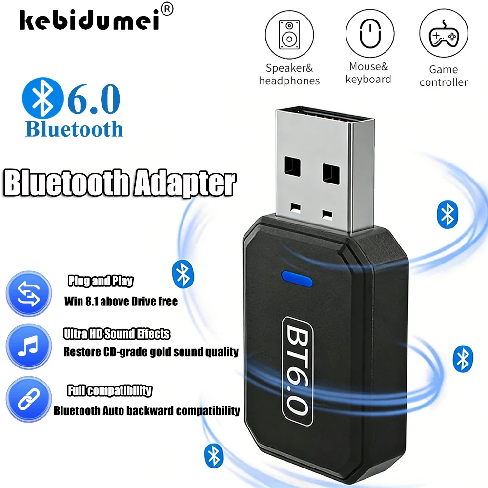 

USB-адаптер Bluetooth KEBIDUMEI, Bluetooth-приемник и передатчик Bluetooth 6.0 для ПК с Windows 11/10/8.1, для клавиатуры/мыши